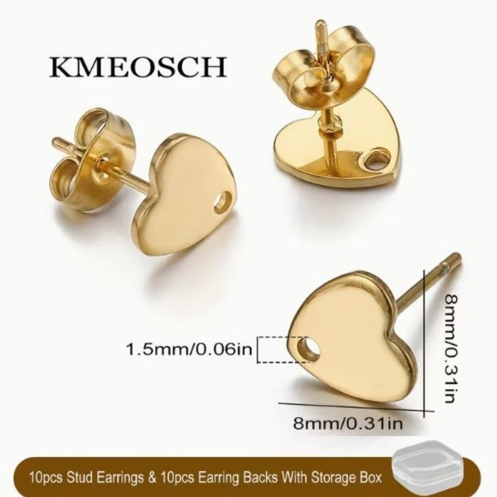 Goldtone Hypoallergenic Stainless Steel Heart-Shaped Stud Earrings  10 pairs